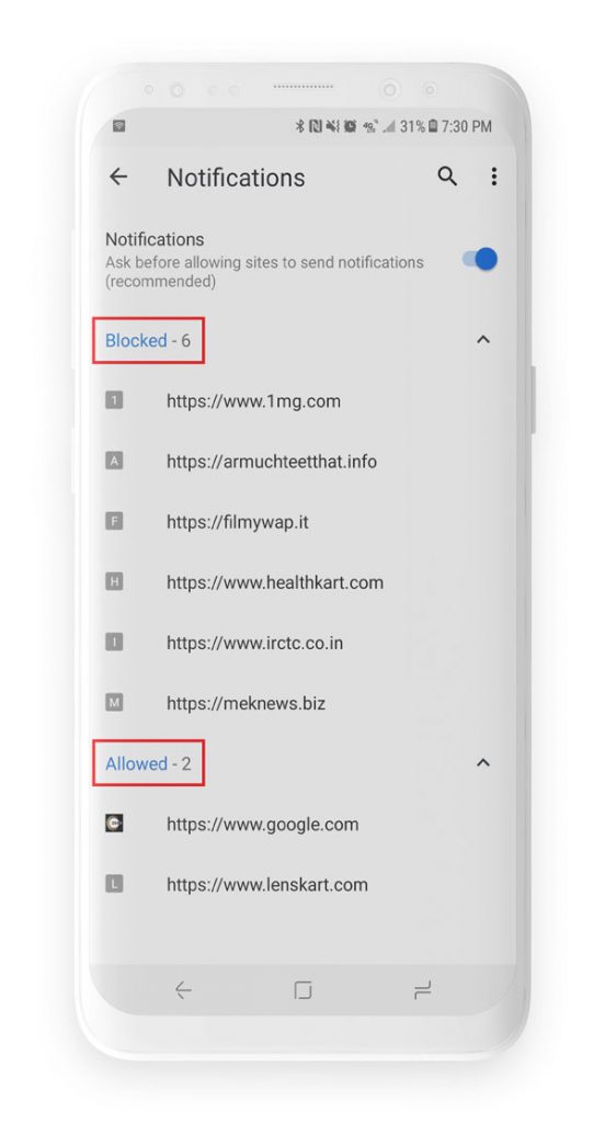 Allow or block notifications from all sites