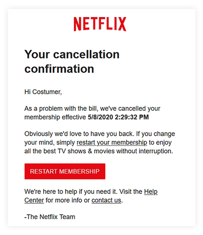 Cancellation confirmation email example